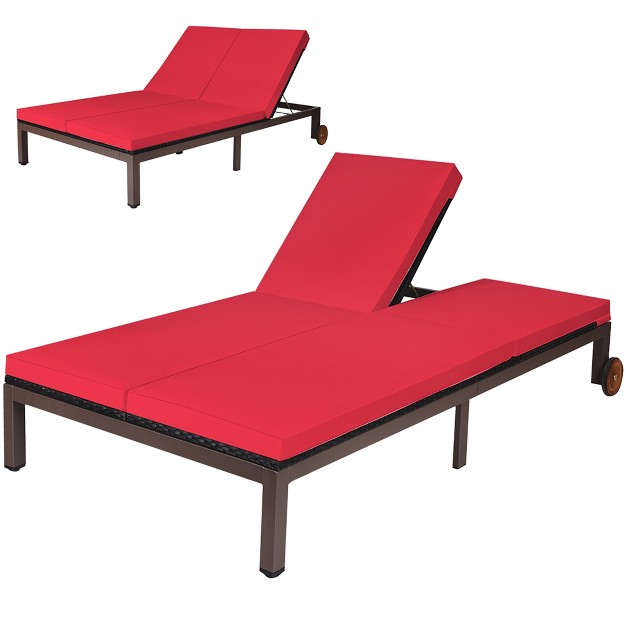 Costway 2 person Patio Rattan Lounge Chair Chaise Recliner Adjustable Cushioned Red