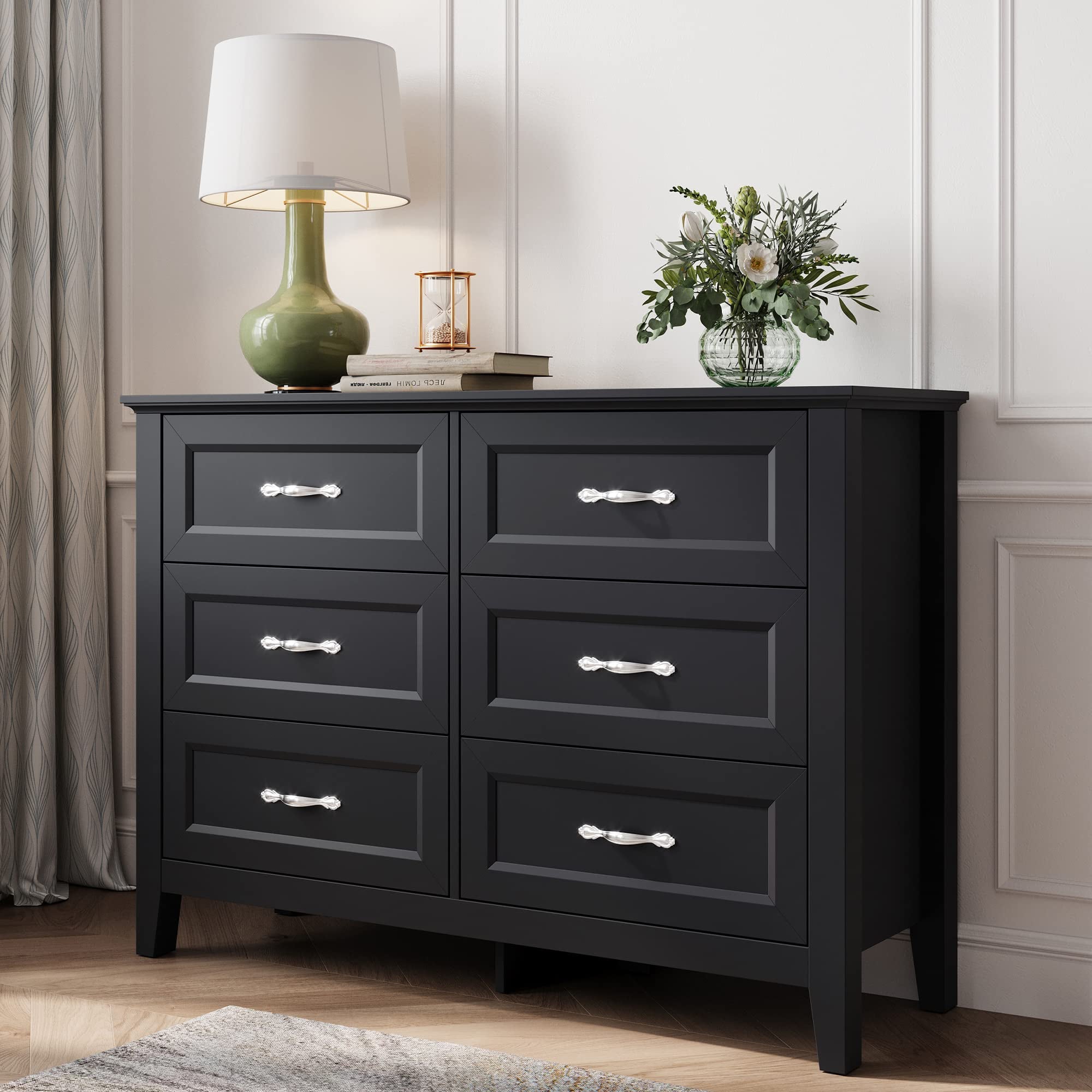 LINSY HOME Dresser for Bedroom, Long Dresser with 6 Drawers and Antique Handles, Chest of Drawers for Living Room, Entryway and Hallway, Black