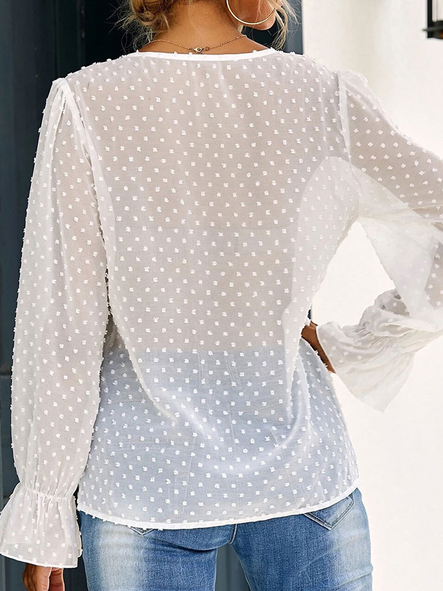 V-neck Casual Loose Jacquard Long-sleeved Blouse