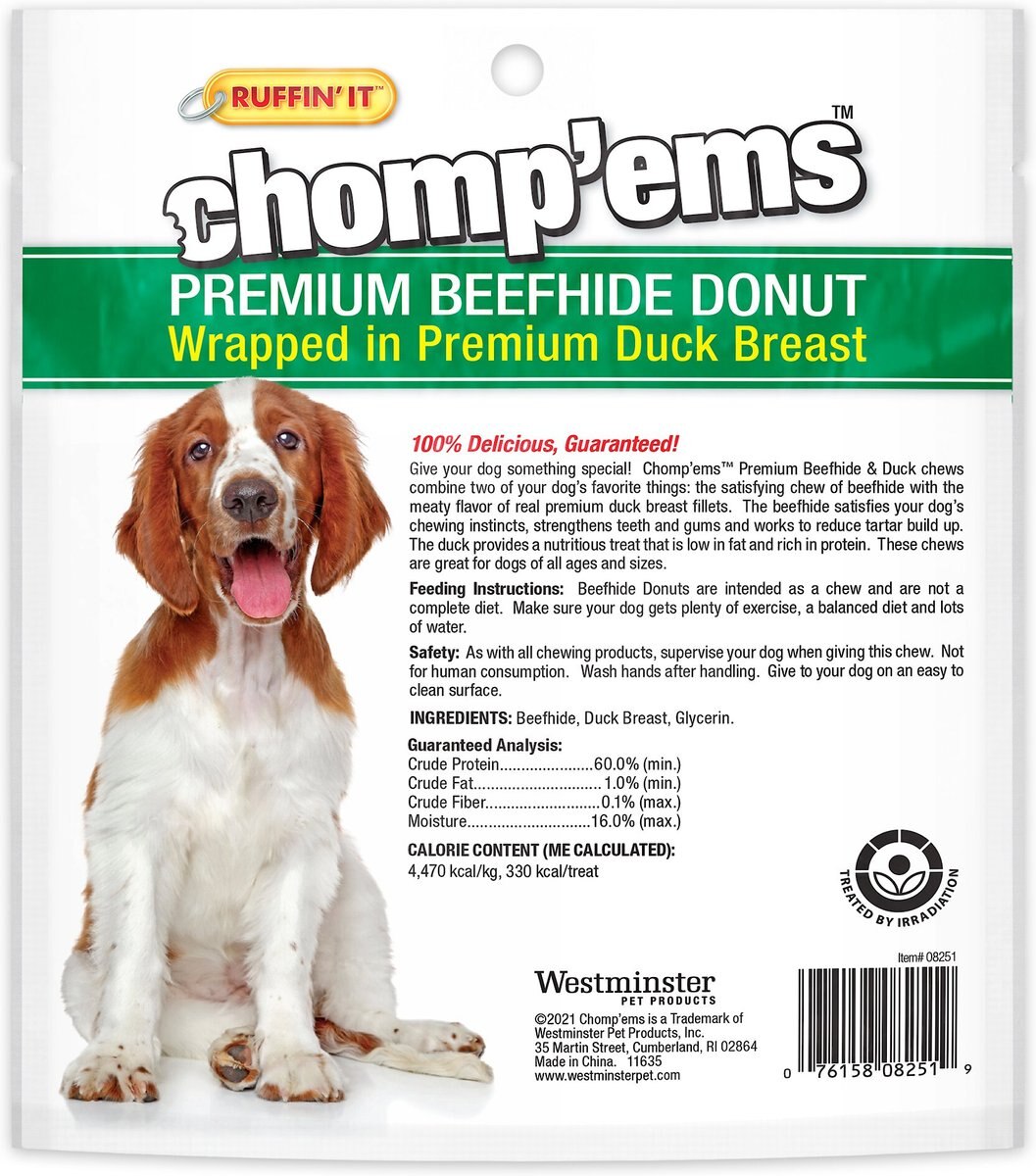 RUFFIN' IT Chomp'Ems Beefhide Donut With Duck Dog Treats， 1 count