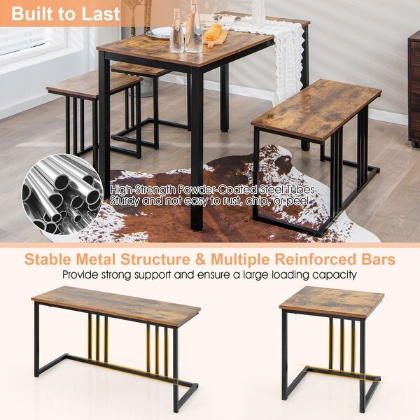 4 Pieces Industrial Dining Table Set with Bench and 2 Stools-Brown - 47.5