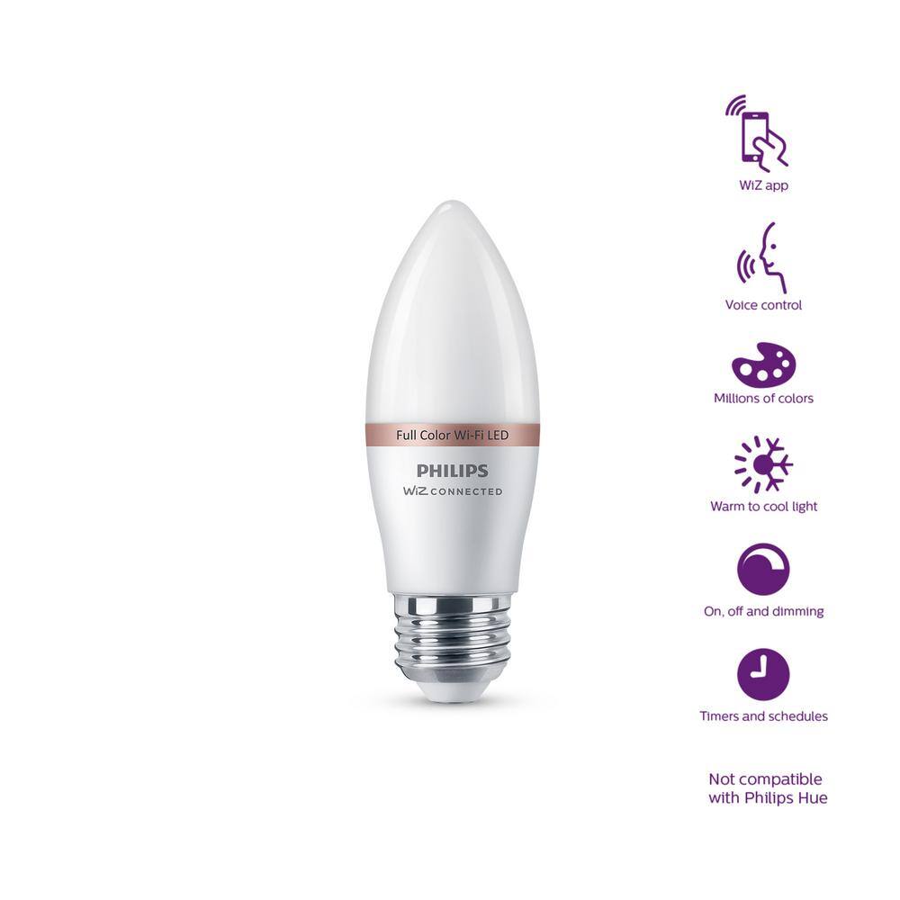 Philips 40-Watt Equivalent B12 Smart Wi-Fi LED Color Changing E26 Medium Base Light Bulb Powered by WiZ with Bluetooth (1-Pack) 573279