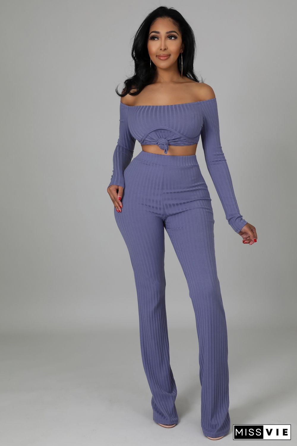 Off Shoulder Long Sleeve Top Flared Pants Set