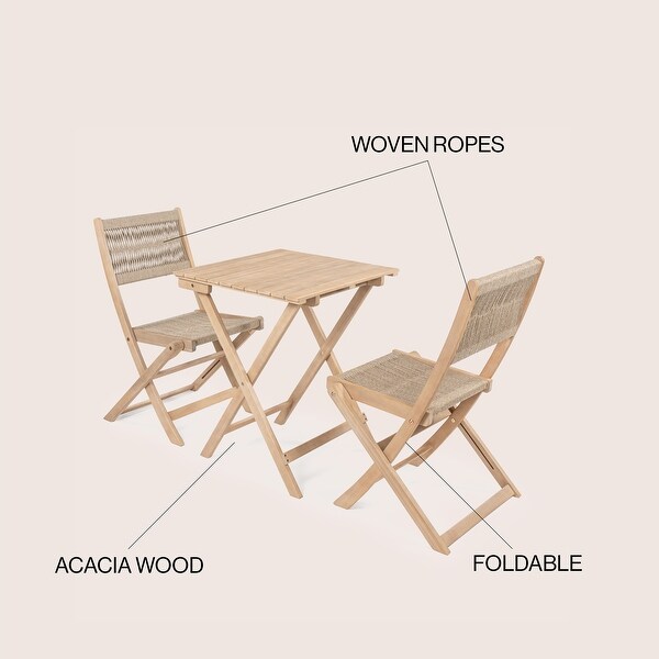 Cadiz Modern Coastal 3Piece Acacia Wood Outdoor Folding Bistro Set，by JONATHAN Y