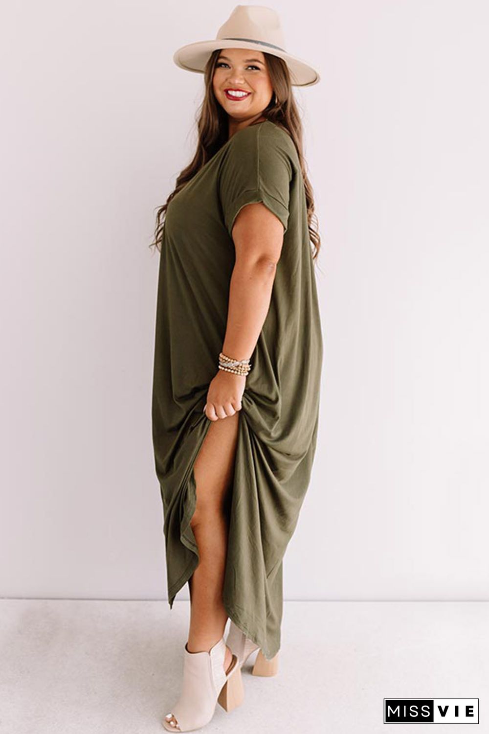 Green Plus Size V Neck Rolled Cuffs Maxi Dress