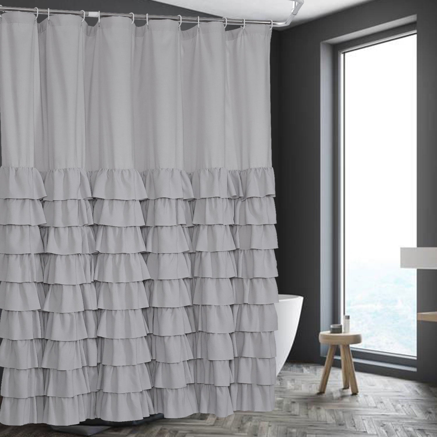 Delicate Microfiber Shower Curtain Handsewn Overlapping Ruffle Bath Curtain 72