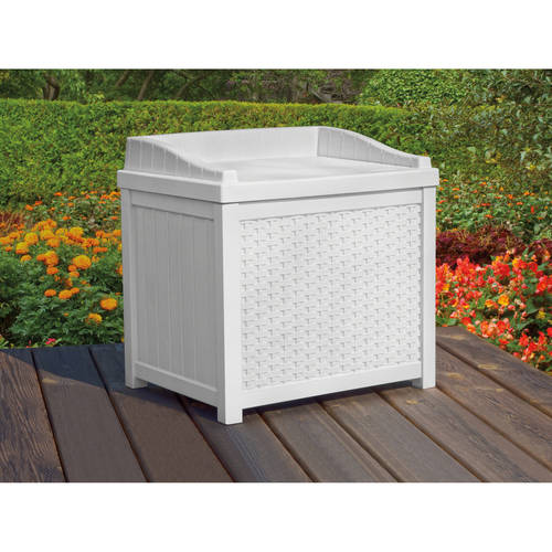 Suncast Outdoor 22 Gallon Resin and Wicker Deck Box with Seat, White