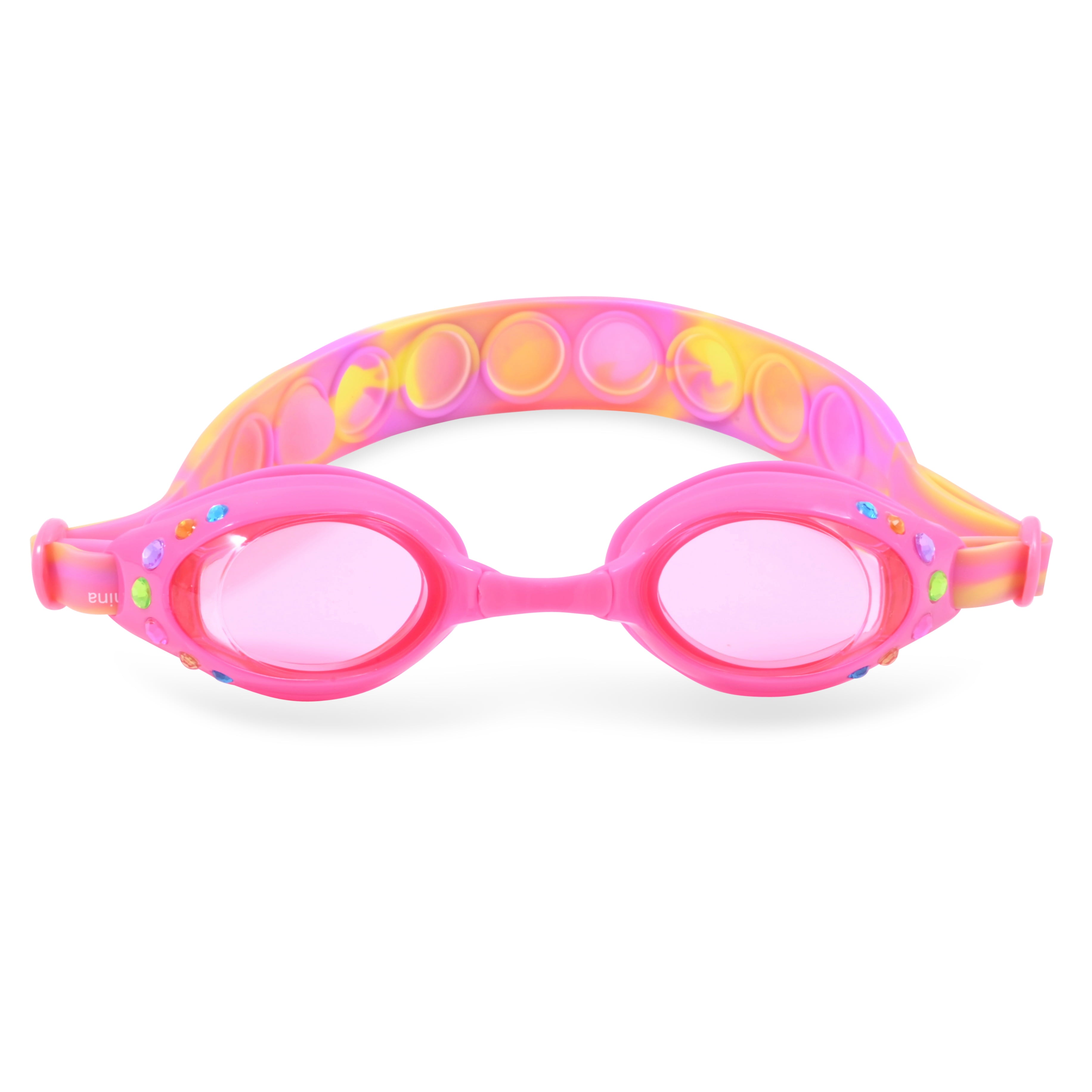 Girls H2O Life Pink Swim Goggles with Rhinestones and Fidget Popper Adjustable Strap