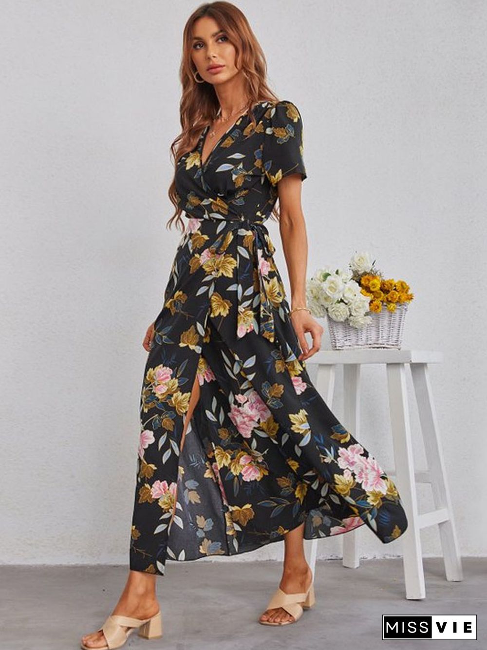 Split Skirt Fashion V-neck Printed Dress Black Dresses