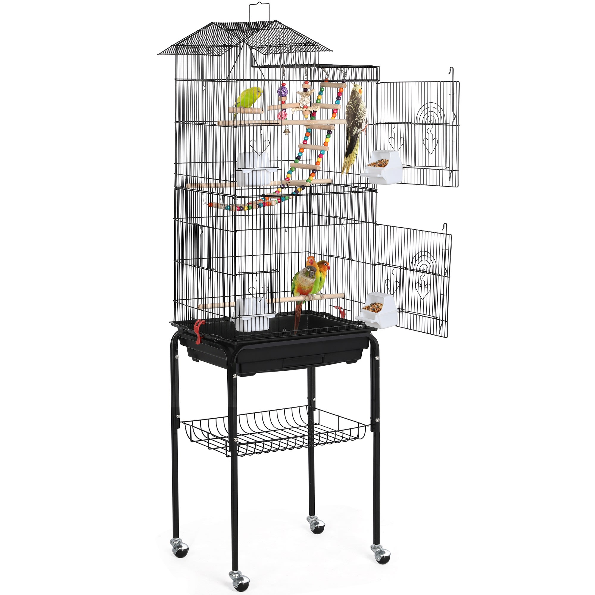 Topeakmart Black Metal Bird Cage with Ladder Toy and Rolling Detachable Stand， 62.4 H