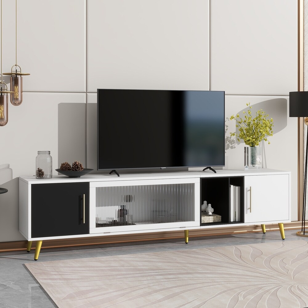 Sleek TV Stand w/ Fluted Glass Doors Entertainment Center for TVs Up to 80\