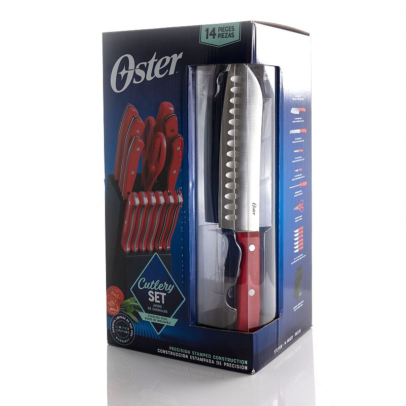 Oster Cocina Steffen 14 Piece Stainless Steel Cutlery Set in Red with Hardwood Storage Block