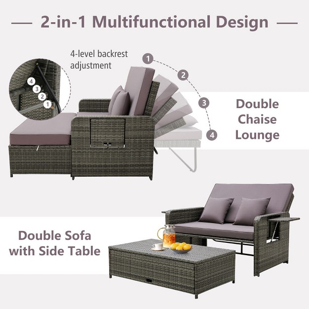 Tangkula Patio Daybed Set Rattan Loveseat Sofa Set W Adjustable Backrest Gray Cushions