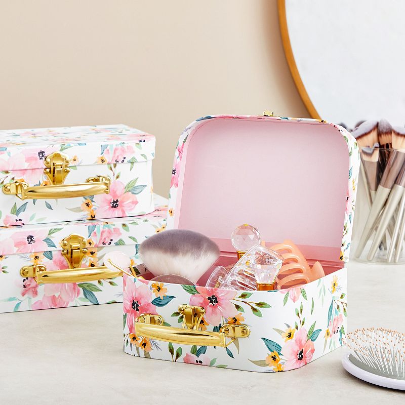 Set of 3 Different Sizes of Paperboard Suitcases with Metal Handles， Floral Print Decorative Cardboard Storage Boxes (Floral Print)