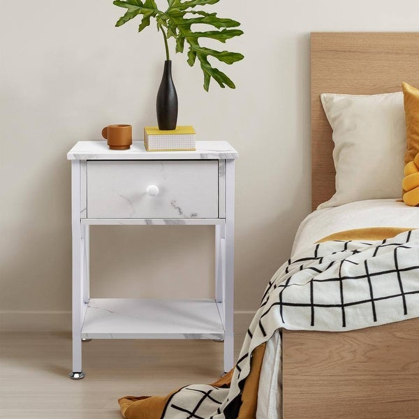 X-shaped Side Table with Drawer and Open Storage Shelves