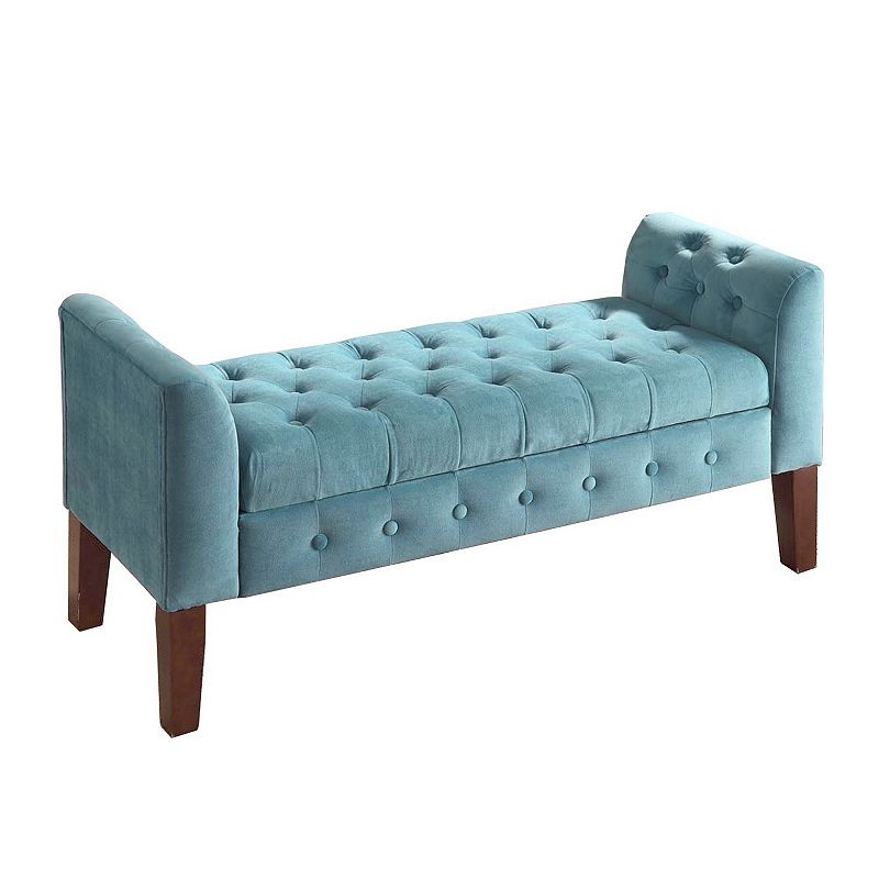 Velvet Upholstered Button Tufted Wooden Bench Settee With Hinged Storage， Teal Blue and Brown