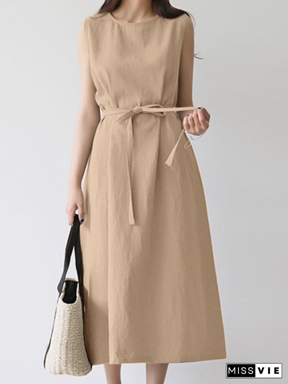 Solid A-line Sleeveless Crew Neck Midi Dress With Belt