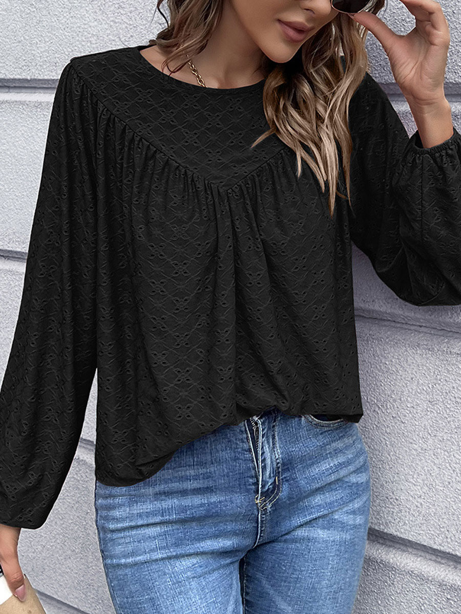 Round Neck Casual Loose Hollow Embroidered Long Sleeve Blouse