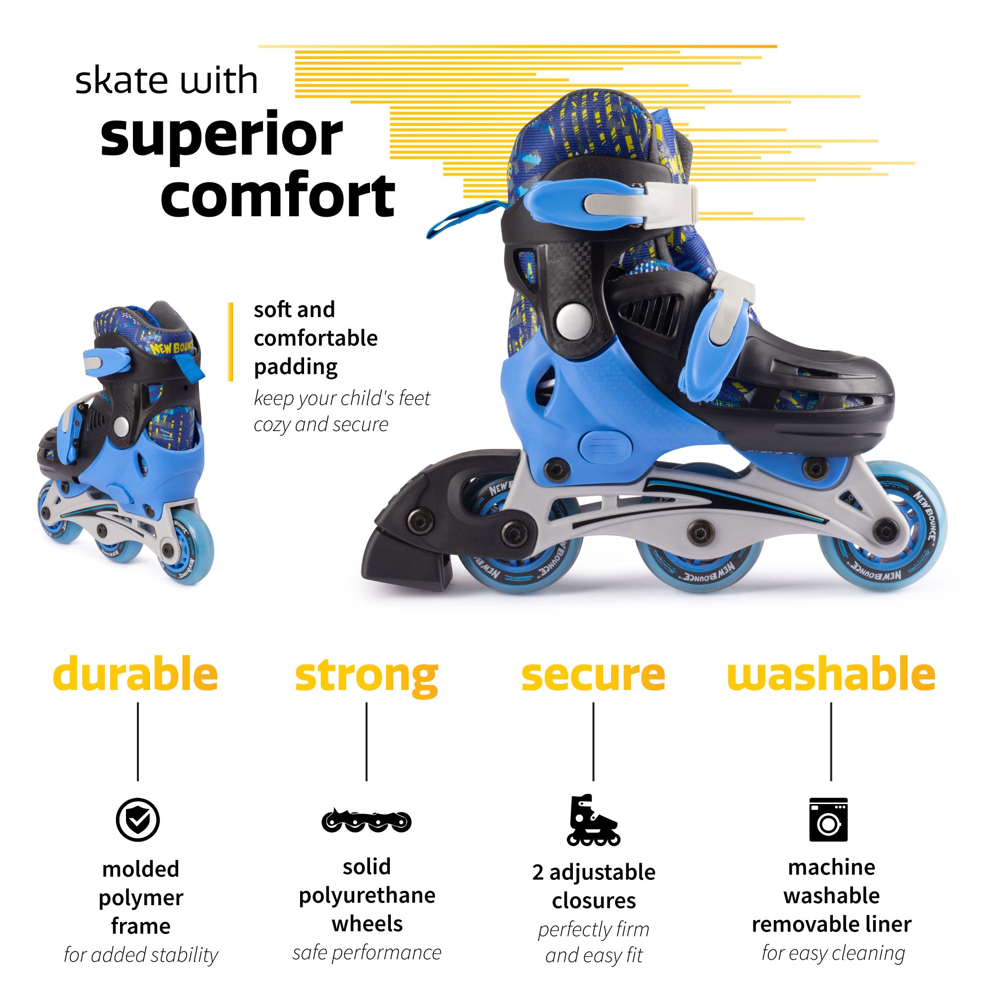 New Bounce  Convertible Skates/Roller Blades for Toddlers - Junior Shoe Size 8-11 (Blue)