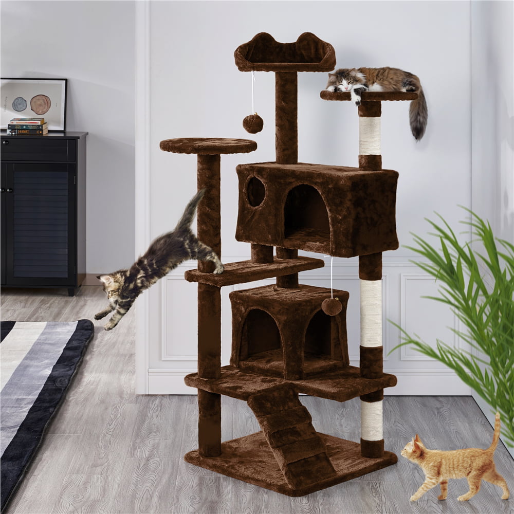 Easyfashion 51-in Cat Tree and Condo Scratching Post Tower， Brown