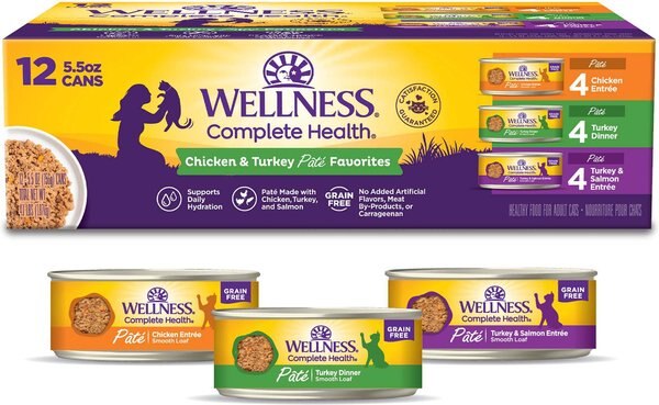 Wellness Complete Health Poultry Favorites Variety Pack Grain-Free Wet Cat Food， 5.5-oz can， case of 12