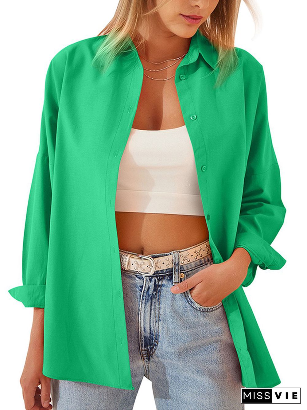 Long Sleeves Loose Buttoned Solid Color Lapel Blouses&Shirts Tops