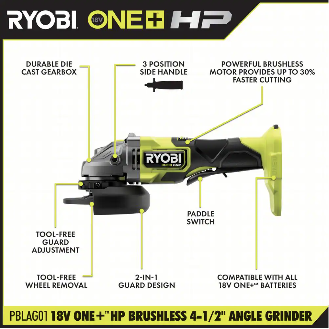 Ryobi One+ HP 18V Brushless Cordless 4-1/2 in. Angle Grinder (Tool Only)