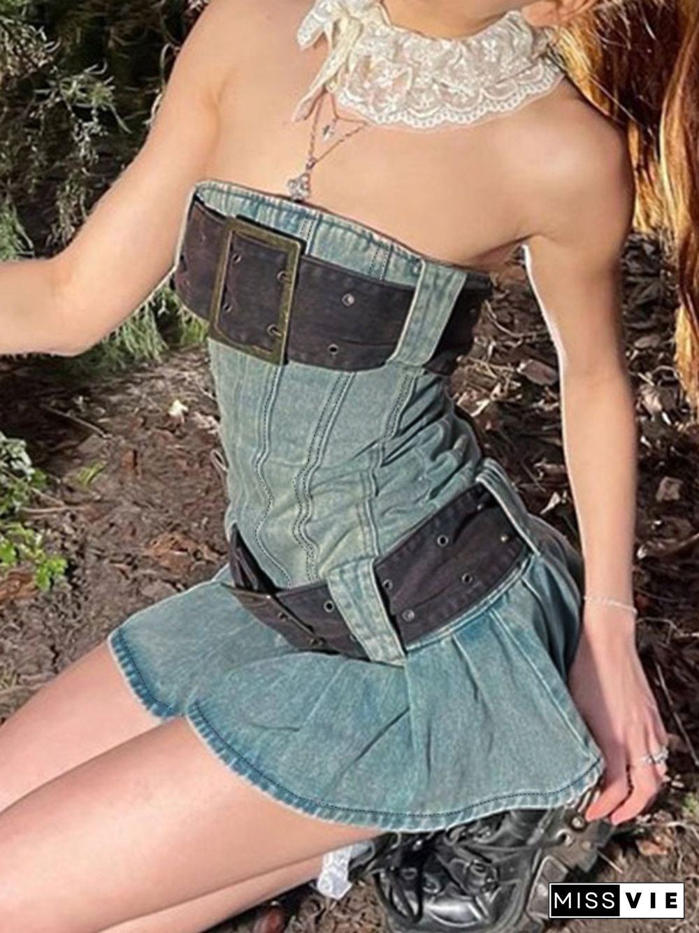 Chunky Belted Strapless Denim Mini Dress