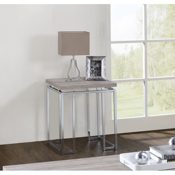 End Table with Metal Sled Base in Natural Oak and Chrome