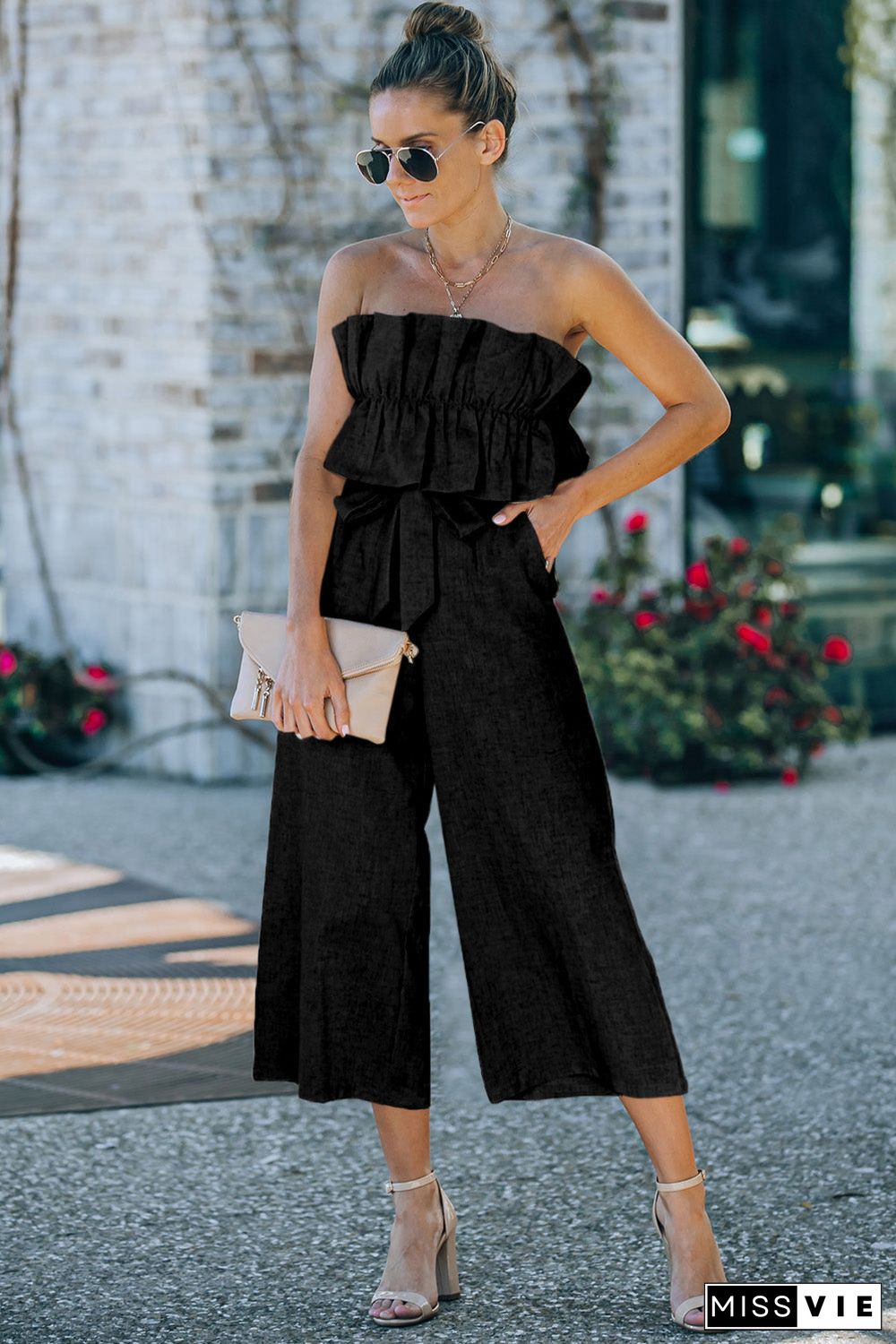 Ruffled Strapless Wide Leg Jumpsuit