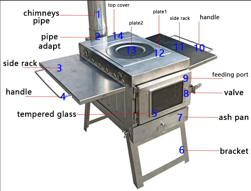 Outdoor BBQ stove Portable heater  Folding Wood Burning Camping tent Stove with glass window chimney Free BBQ grill