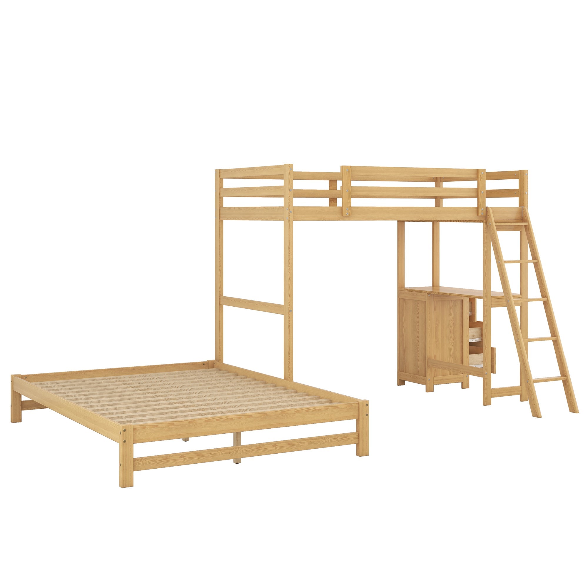 EUROCO Twin over Full Bunk Bed with Desk and Drawers for Kids, Natural