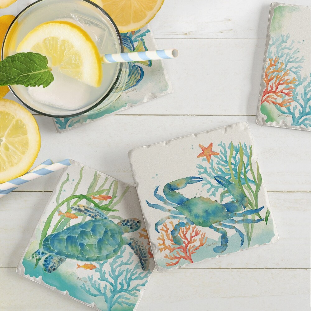 Counterart Absorbent Stone Coaster  Sea Life Serenade  Set of 4   4.01x4.20