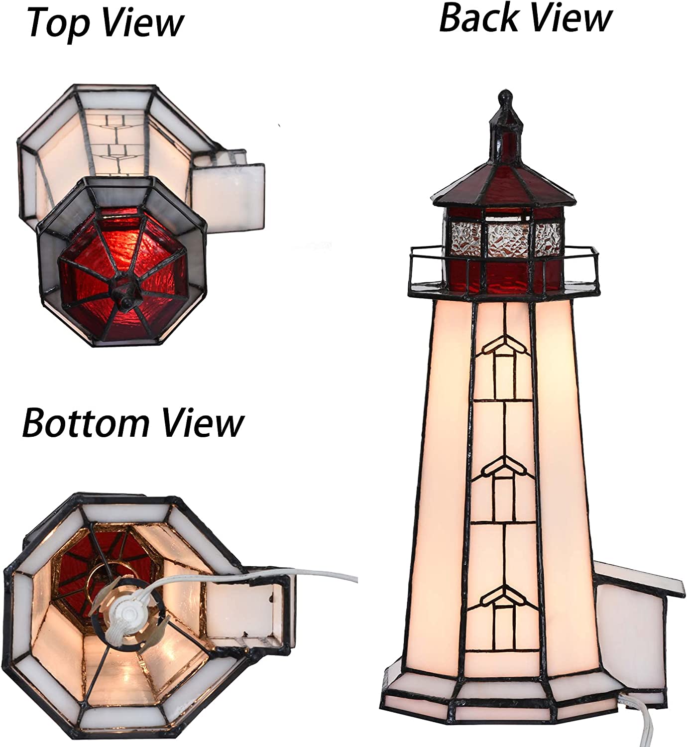 SHADY L10770 Peggy&#39;s Point Lighthouse Tiffany Style Stained Glass Accent Table Lamp Night Light  12-inches Tall