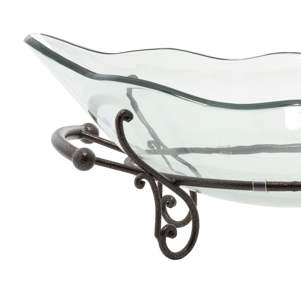 Clear Tempered Glass Kitchen Serving Bowl with Brown Metal Scroll Base