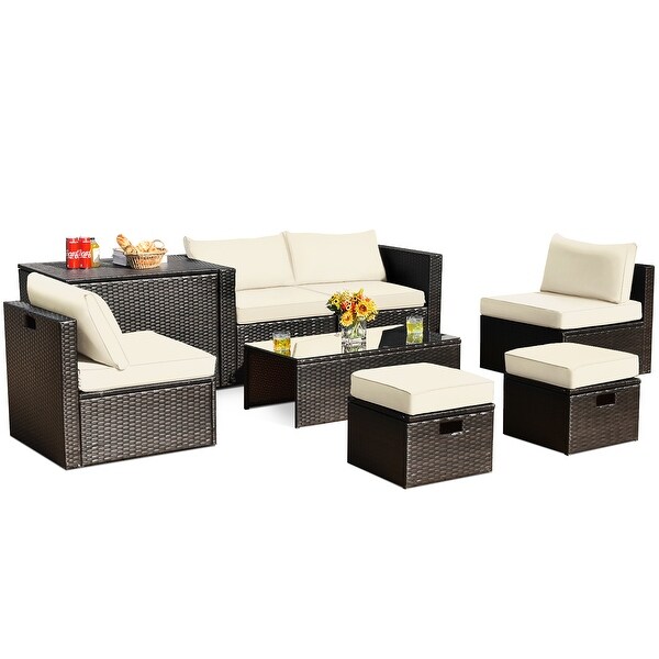 Costway 8PCS Patio Rattan Furniture Set SpaceSaving Storage Cushion