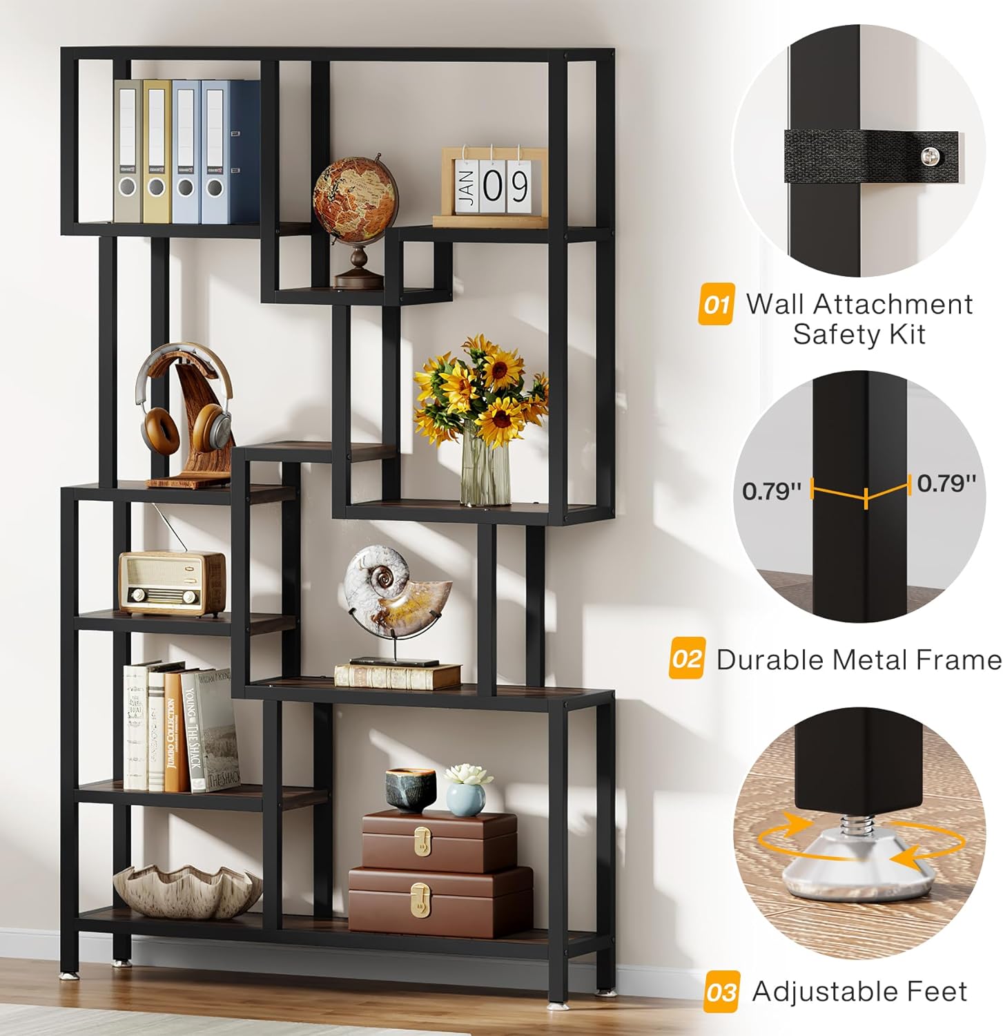 70.9 Bookshelf, Industrial Bookcase Etagere with Open Shelves