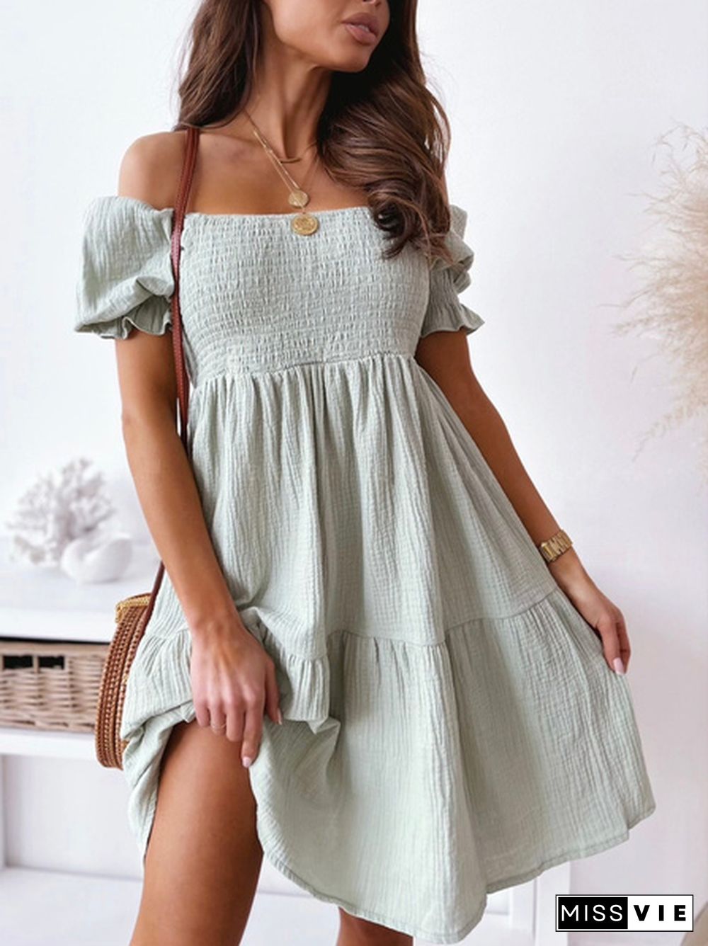 Women Summer Casual Dress Slash Collar Off Shoulder Short Sleeve Beach Dress Plus Size Mini Dress