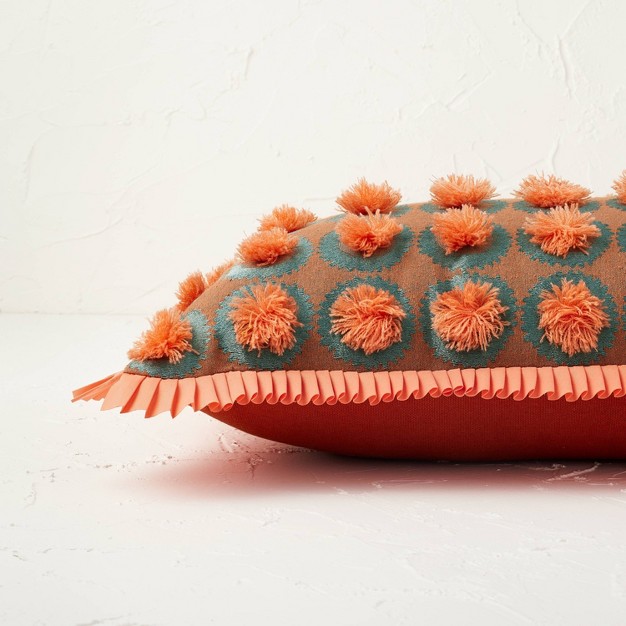 Oblong Jungalow Fringe Pom Decorative Throw Pillow Orange Coral Designed With Jungalow