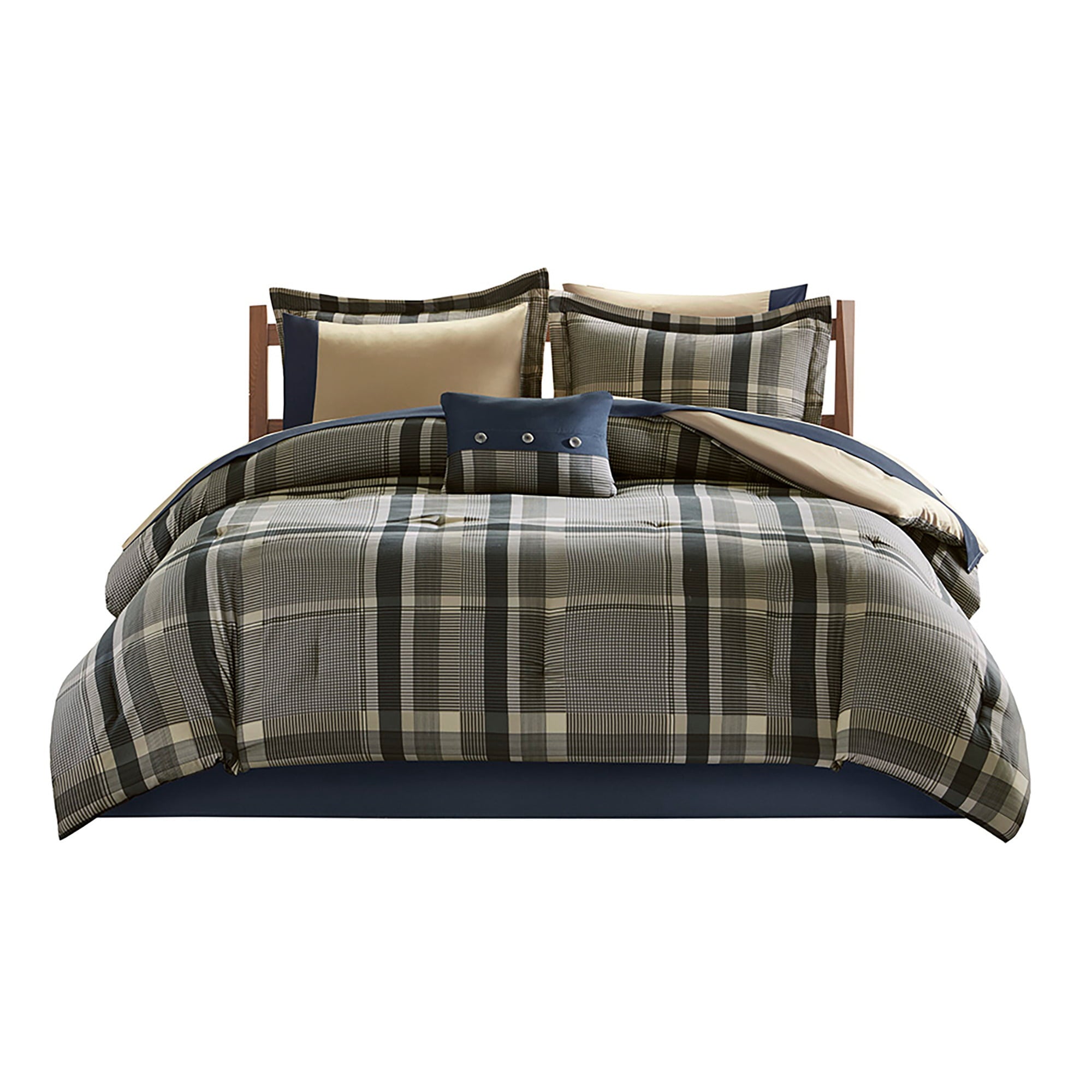 Home Essence Printed Navy Plaid 7 Piece Bed in a Bag Comforter Set， Twin