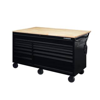 Husky 62 in. W x 36 in. D Standard Duty 12-Drawer Mobile Workbench Tool Chest with Full Length Extension Table in All Black HOTC6212B11M