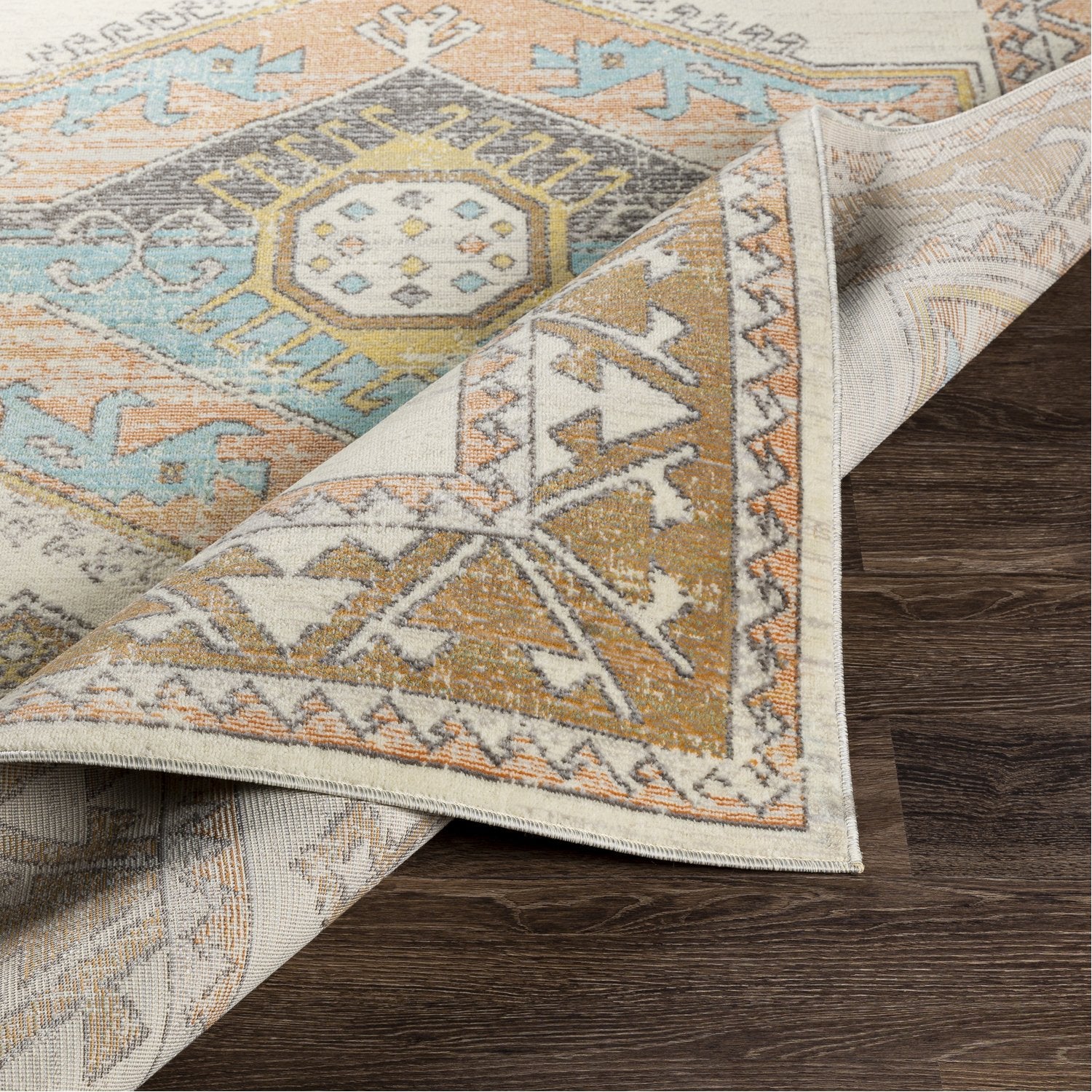 Bodrum Indoor/Outdoor Rug in Ivory, Saffron, Silver Gray, Medium Gray, Aqua, Camel, Coral