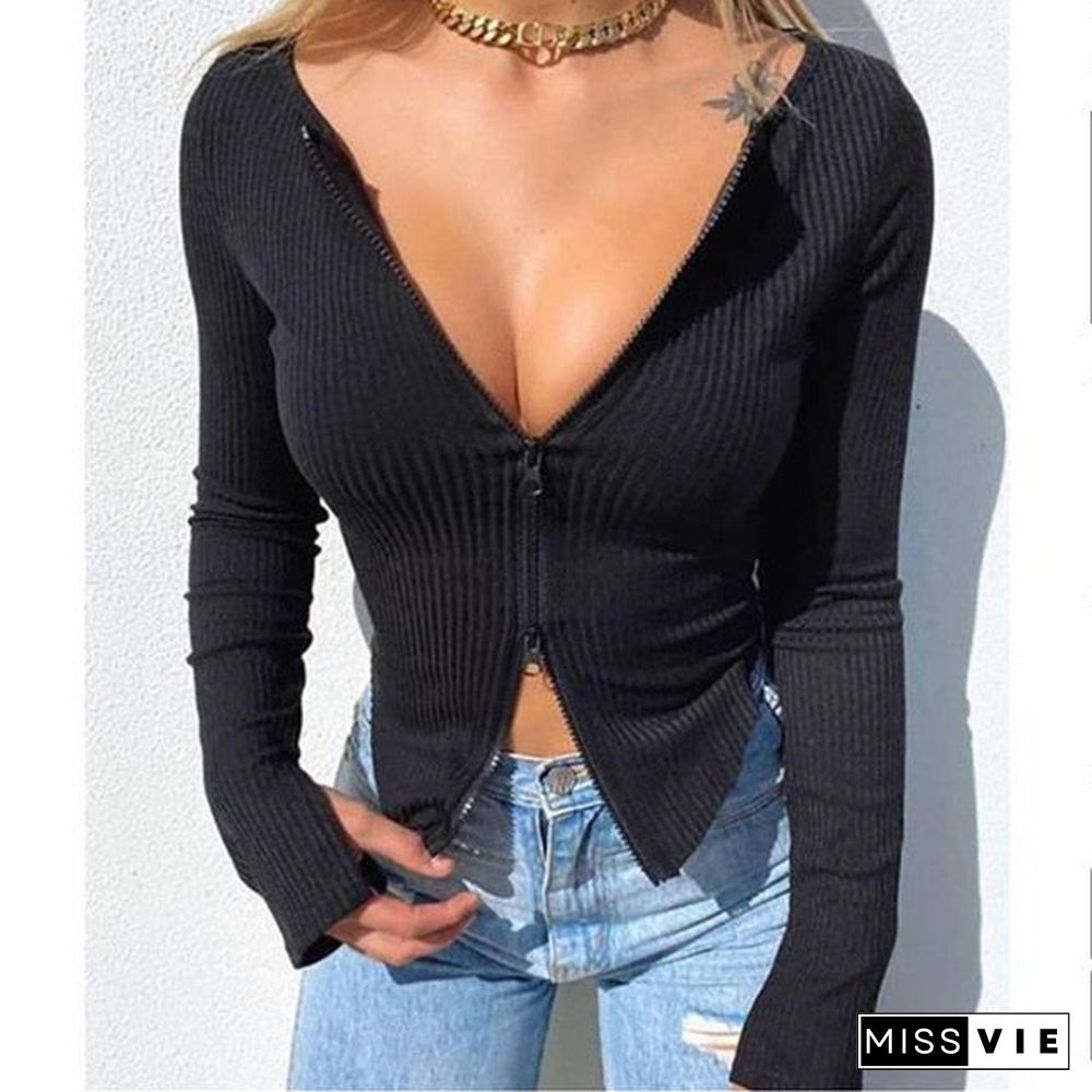 Women T-Shirt Spring Autumn Clothes Ribbed Knitted Long Sleeve Crop Tops Zipper Design Tee Sexy Female Slim Black White Tops