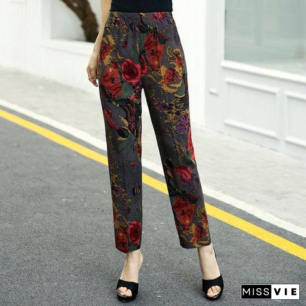 22 Colors Women Summer Casual Pencil Pants XL-5XL Plus Size High Waist Pants Printed Elastic Waist Middle Aged Women Pants