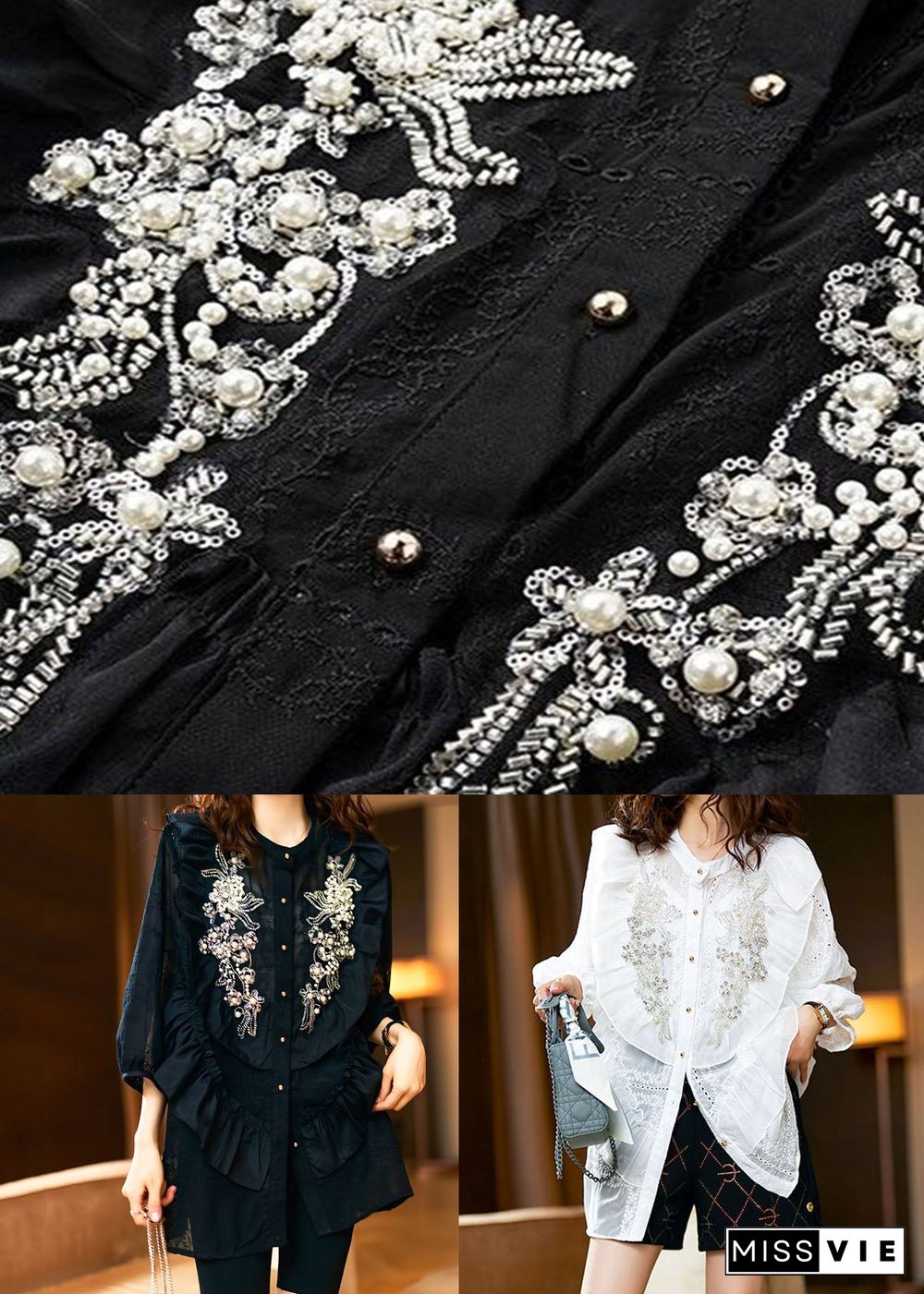 Unique Black Ruffled Nail Bead Patchwork Chiffon Shirts Spring