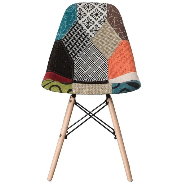 Modern Fabric Patchwork Chair with Wooden Legs for Kitchen, Dining Room, Entryway, Living Room