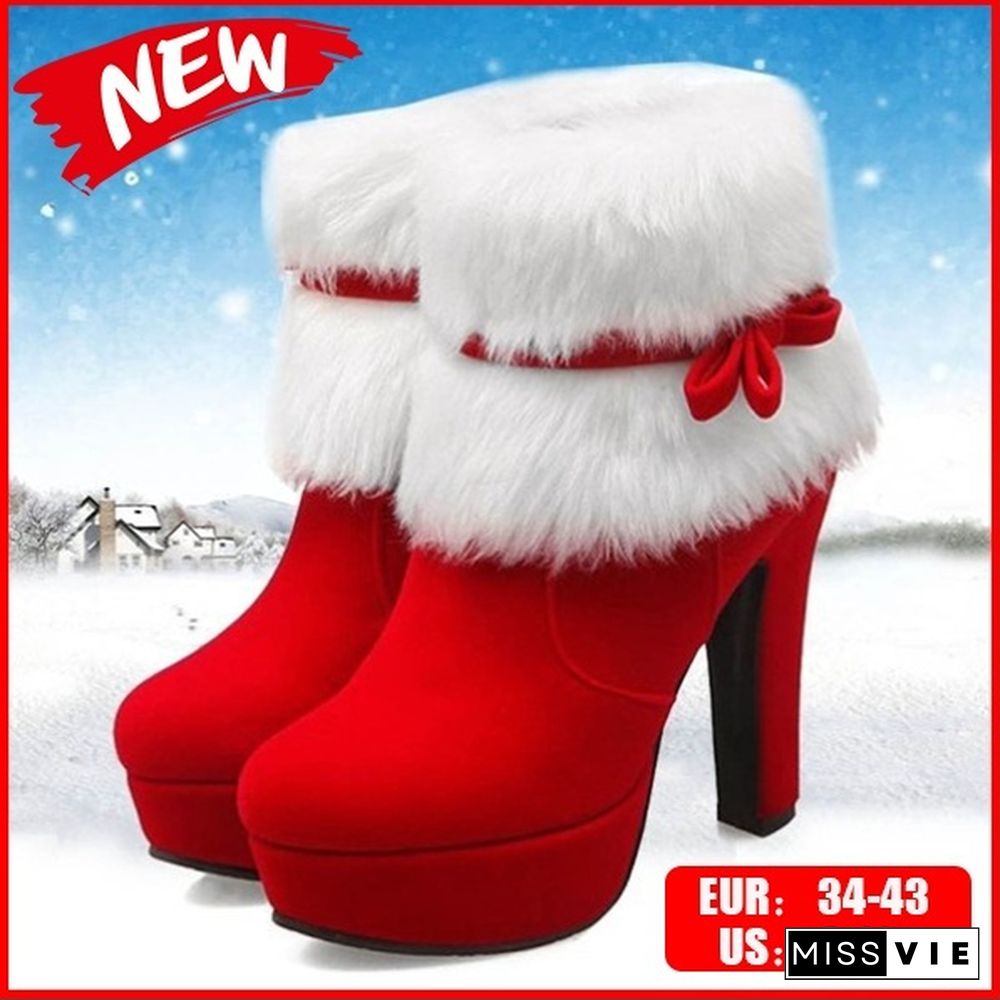 Brand New Women Winter Boots High-heeled Ankle Boots Suede Fur Booties For Casual/Party/Christmas Dress Black Red Colors