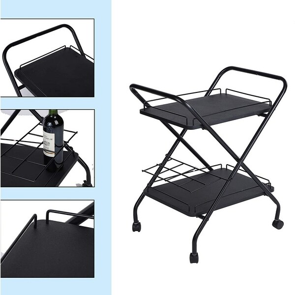 2-Tier Rolling Utility Cart with Wheels， Metal Bar Service Car With Wine Rack， Lockable Wheel， Multi-Functional Storage Rack