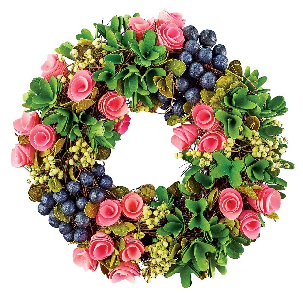 Collections Etc Berries And Greenery Pink Rose Accented Wooden Wreath Under 24 Inches