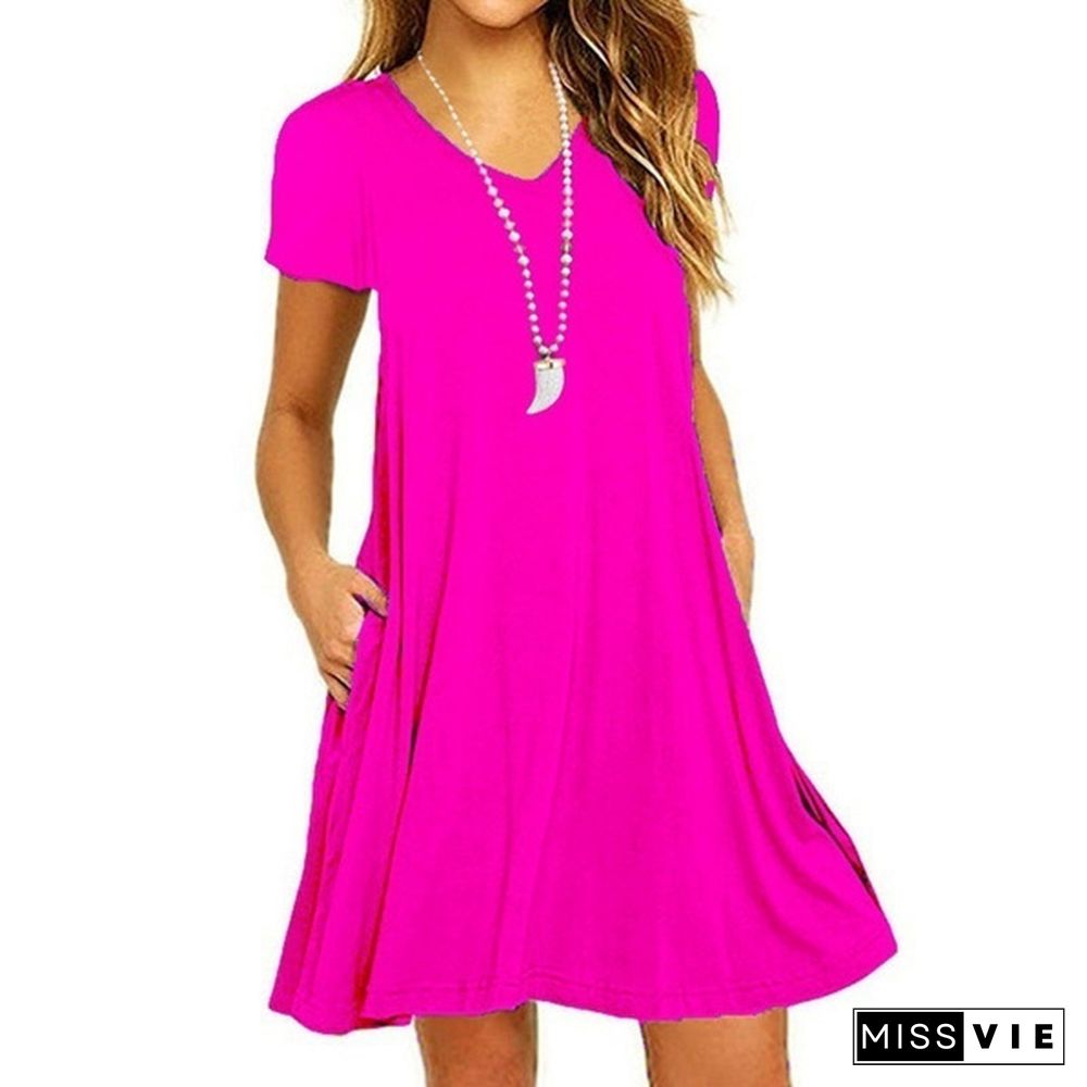 Plus Size Women's Fashion Spring Summer Tunic Dresses Casual Short Sleeve Slim Fit Beach Wear Ruffles Party Dresses with Pockets Deep V-neck Loose Solid Color Pleated Cotton Mini Dress